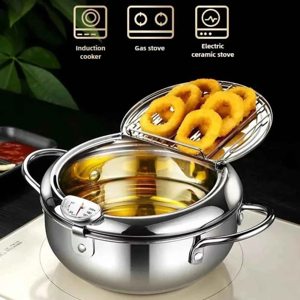 Multifunctional deep fryer with Thermometer and Oil Drip Drainer Rack Household Double Bottom Gas Induction Cooker Kitchen Tools