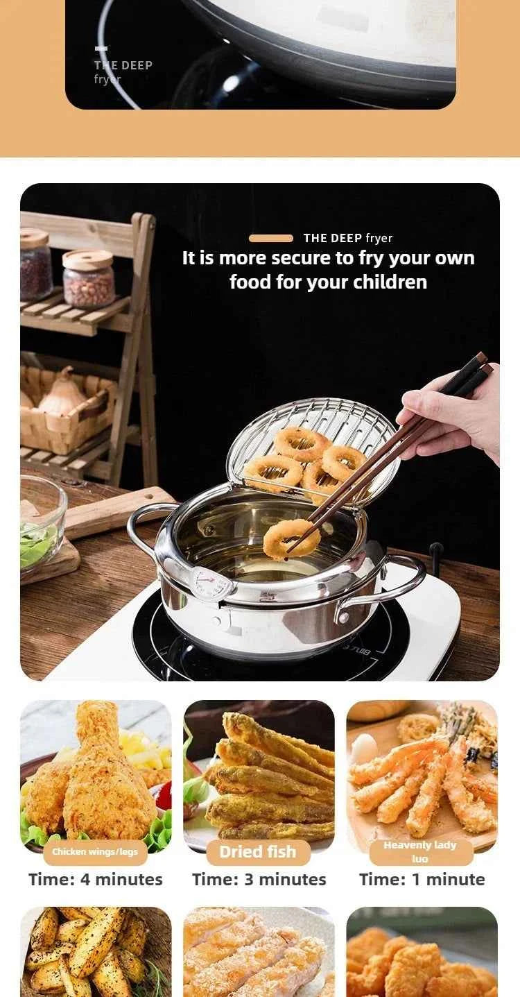 Multifunctional deep fryer with Thermometer and Oil Drip Drainer Rack Household Double Bottom Gas Induction Cooker Kitchen Tools