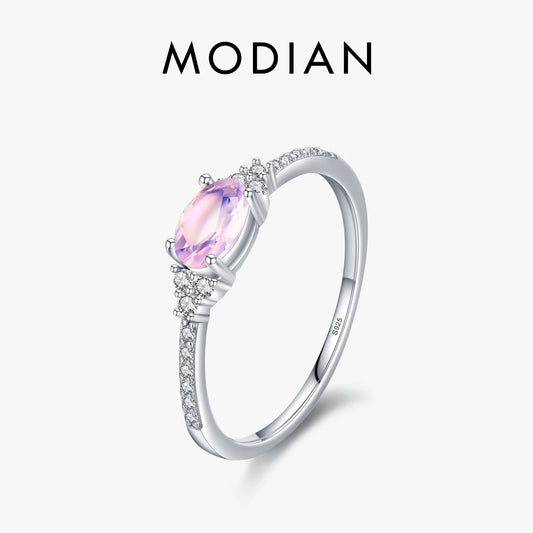 MODIAN 925 Sterling Silver Pink MoonStone Elegant Stackable Finger Ring Eternity Bands for Women Christmas Gifts Fine Jewelry