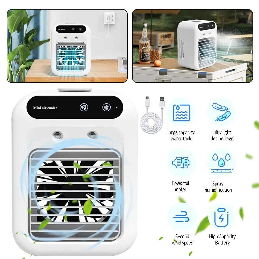 Mini Cold Airconditioner Fan 2-Speed 1800mHA Humidifier Mist Cooler USB Charging 500ml Water Tank Cooler for Home Office Dorm