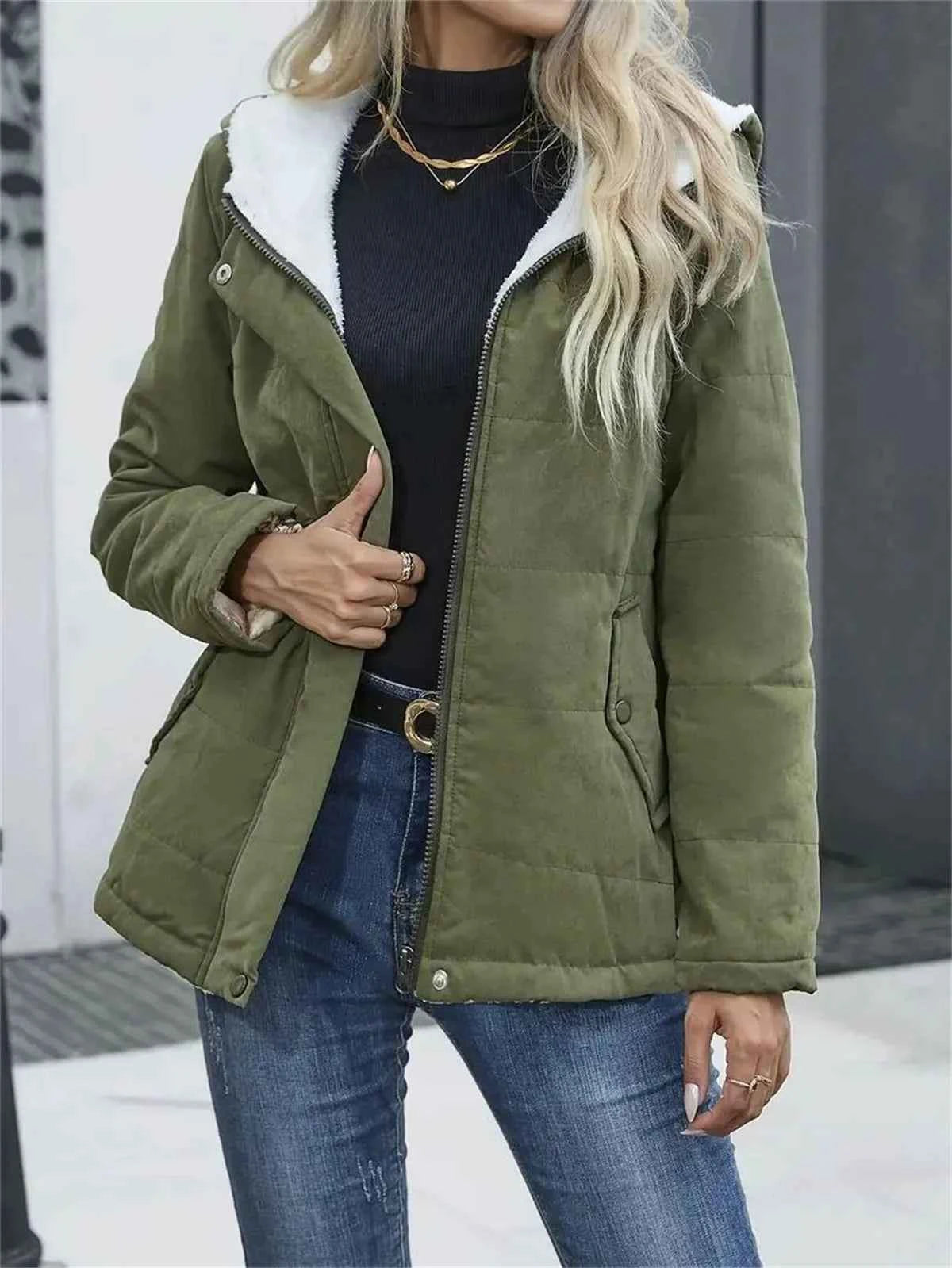 Women Autumn Winter Padded Coat Zip Up Long Sleeve Korean Hooded Jacket Fashion Solid Warm Clothes Casual Outfit Coats Street