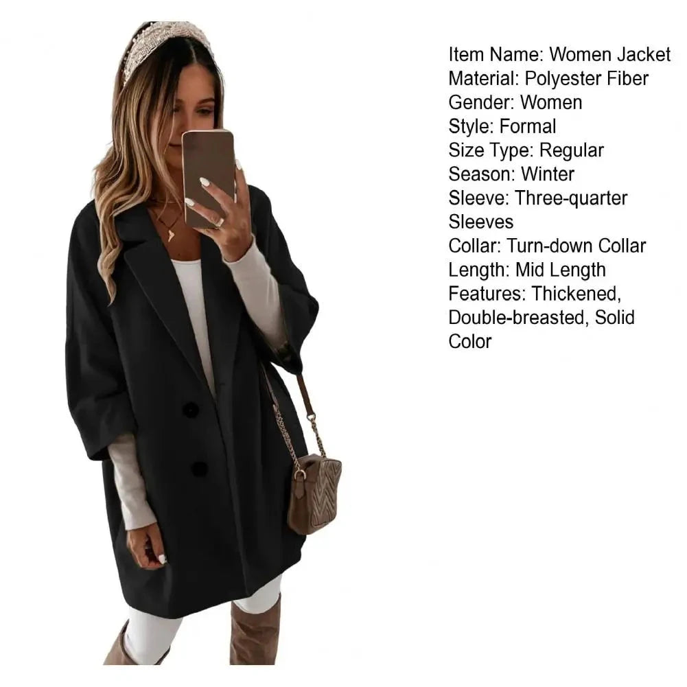 Fall Winter Women's Jacket 3/4 Long Sleeve Button Lapel Pocket Woolen Warm Jacket Coat Solid Color Thermal Fitted Cardigan Coat - AMULET RING STORE