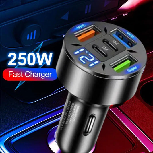 250W 5 Ports Car Charger Fast Charging PD QC3.0 USB C Car Phone Charger Type C Adapter In Car For IPhone - AMULET RING STORE