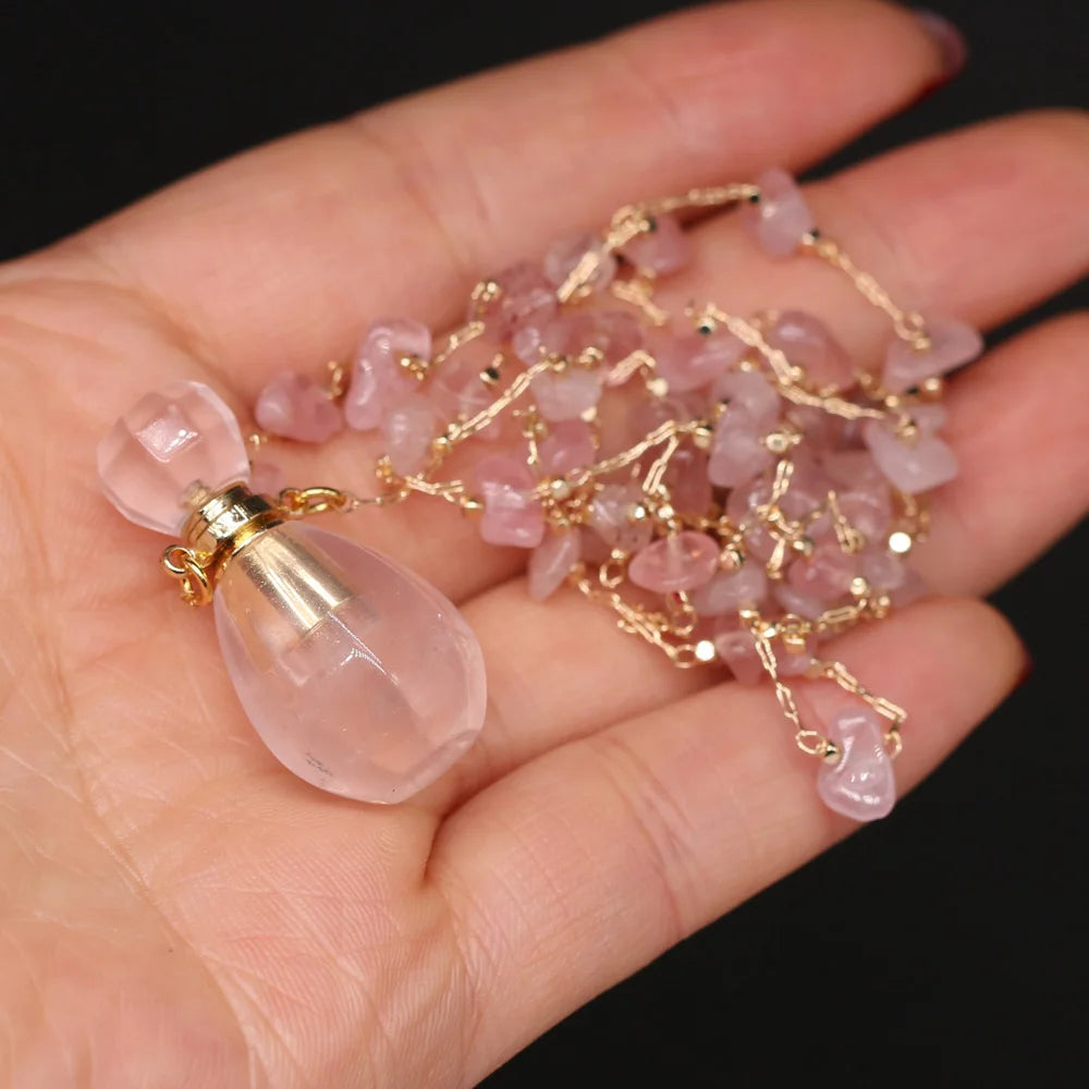 Natural Stone Rose Quartz Perfume Bottle Essential Oil Diffuser Reiki Healing Exquisite Necklace Jewelry Gift - AMULET RING STORE
