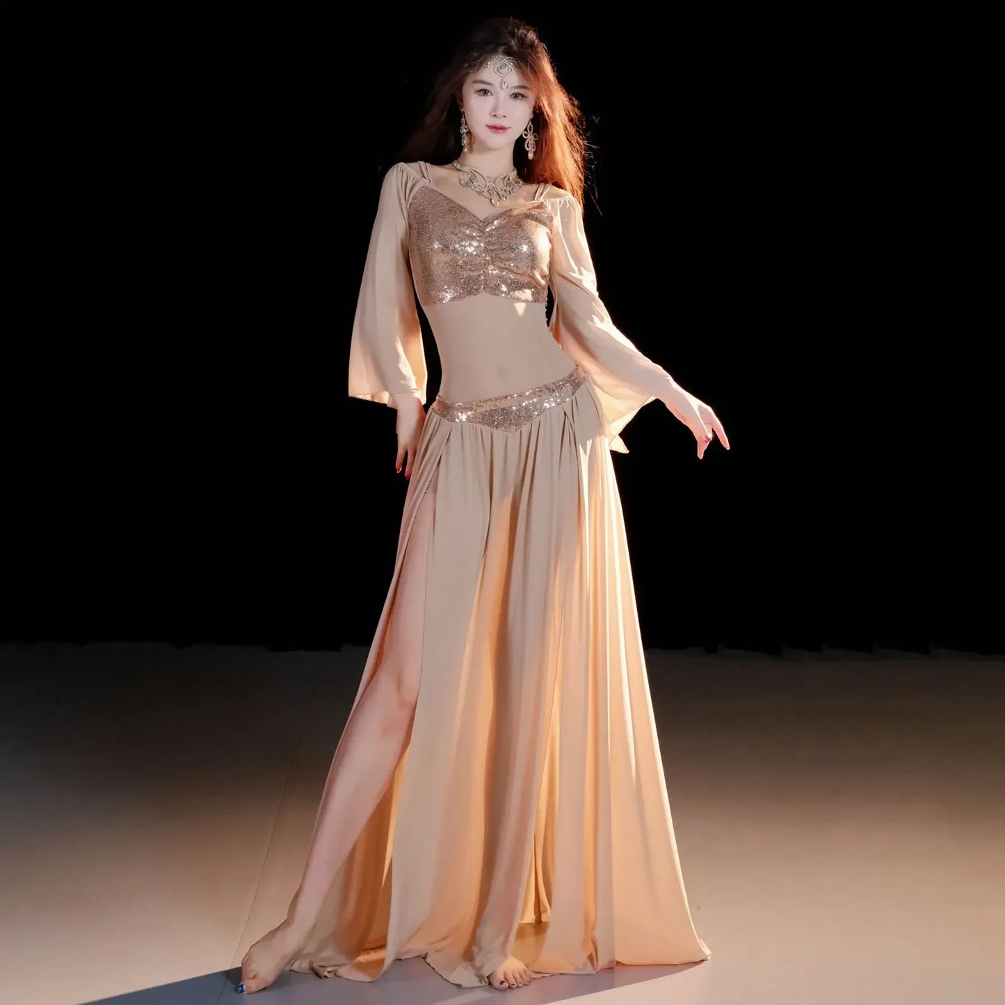 Belly Dancing Wear Outfit for Women Mesh Long Sleeves Top+gauze Long Skirt 2pcs Training Set Oriental Belly Dance Costume Set