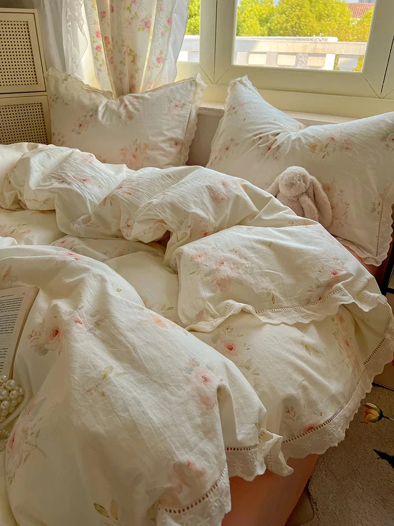 Washed Cotton Duvet Cover Sets Single/Queen/king Flower Printed Bedding Set Princess Style e housse de couette 220x240 with Lace - AMULET RING STORE