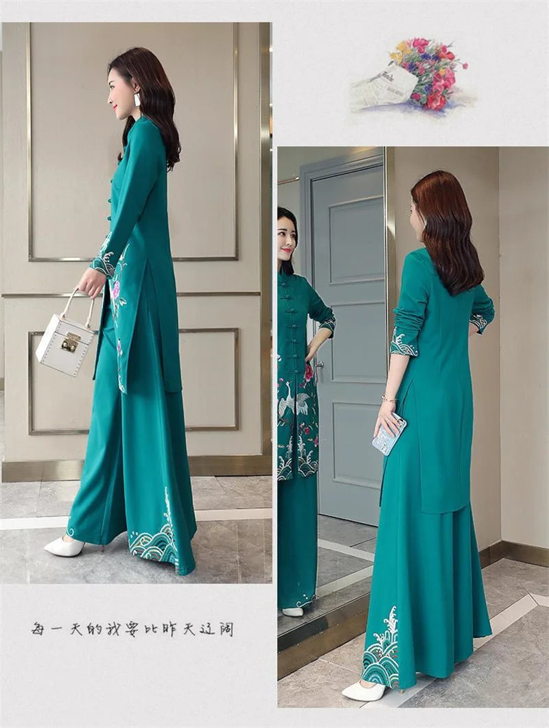 Long Ethnic Style Cheongsam Set Spring and Autumn Drop Feel Wide Leg Pants Mom Retro Slim Straight Tube Embroidery Two Piece Set
