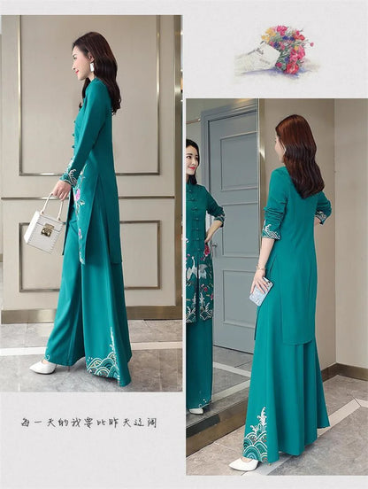 Long Ethnic Style Cheongsam Set Spring and Autumn Drop Feel Wide Leg Pants Mom Retro Slim Straight Tube Embroidery Two Piece Set