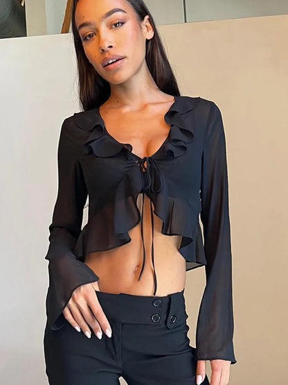 Vintage 90s Streetwear Ruffles Trim Green Chiffon T-shirts Y2K Fashion Sexy Deep V Lace Up Long Sleeve Tops Transparent - AMULET RING STORE