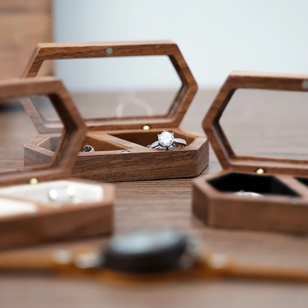 Ring Box Jewelry Storage Engagement Wedding Ceremony Ring Customize Proposal Ring Rustic Wedding Gift for Girl Walnut Wood - AMULET RING STORE
