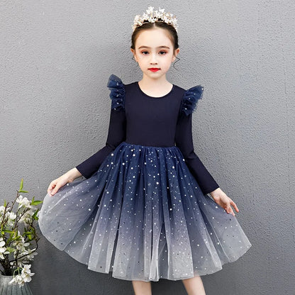 2025 New Red Princess Dress Baby Girls Dress Spring Kids Clothes Dress Party Long-sleeved For Children Dress Rainbow 3-10T