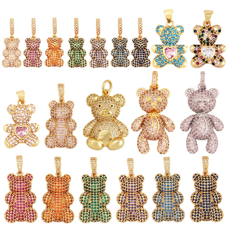 Luxury Fine Inlaid Rainbow Cubic Zirconia Charm Pendant,Cute Bear Jewelry Necklace Bracelet Making Wholesale Supplies M85 - AMULET RING STORE