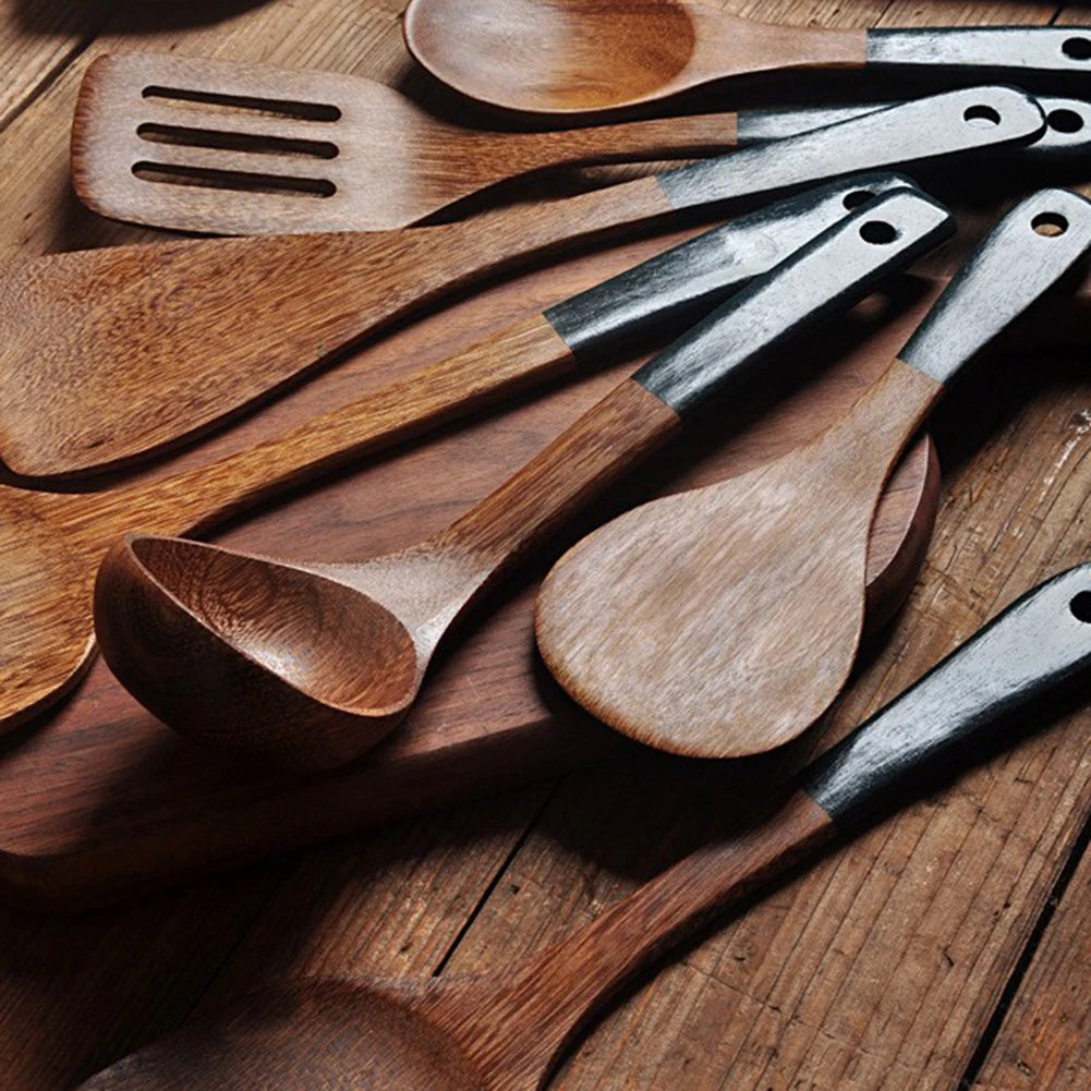 Wooden Kitchenware Set Long Handle Spatula Rice Scoop Vegetable Meat Cooking Shovel Mixing Spoons For Nonstick Pan Kitchen Tools