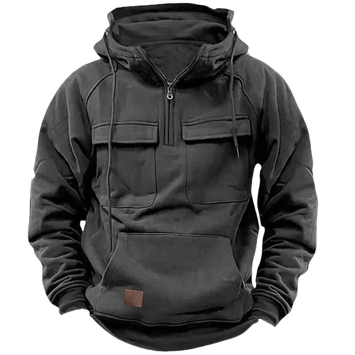 Men's half-zip tactical hooded sweatshirt, solid-color warm fleece workwear style sweatshirt, men's multi-pocket hooded jacket