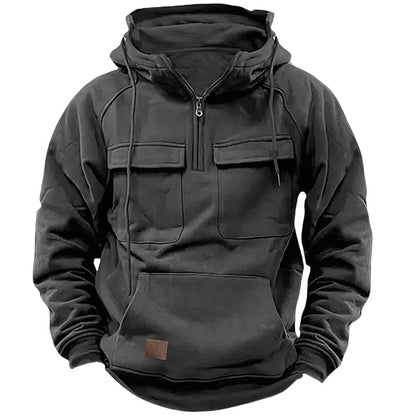 Men's half-zip tactical hooded sweatshirt, solid-color warm fleece workwear style sweatshirt, men's multi-pocket hooded jacket