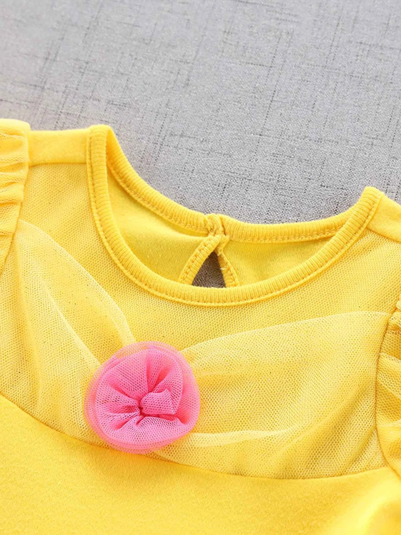 Baby Girl Birthday Outfit Set Short-sleeved Bodysuit Princess Romper Dress With Headband Yellow 3D Floral Girl Clothes 3-18M