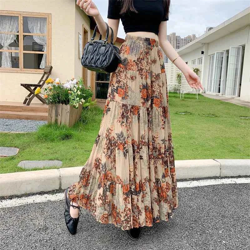 Retro Floral Pleated to Ankle f Skirt Women's Draped High Waist Midi A-Line Skirt Polyester Fiber Spring Season