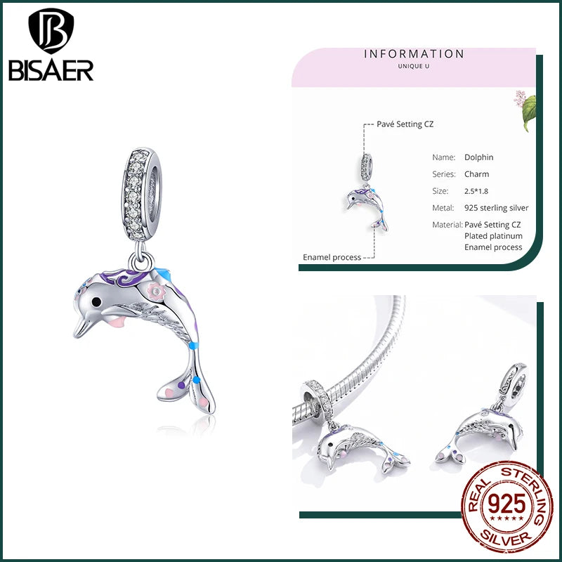 BISAER 925 Sterling Silver Charm Ocean Style Fish Dolphin Mermaid Shell Blue CZ Bead For Necklace&Bracelet DIY Fine Jewelry Gift - AMULET RING STORE