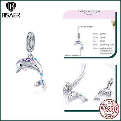 BISAER 925 Sterling Silver Charm Ocean Style Fish Dolphin Mermaid Shell Blue CZ Bead For Necklace&Bracelet DIY Fine Jewelry Gift - AMULET RING STORE