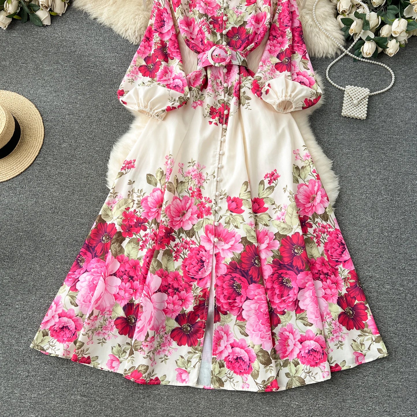 Elegant Gorgeous Floral Bohemian Dress Spring Women Stand Long Lantern Sleeve Floral Print Belt Linen Long Vestidos Clothes 6235