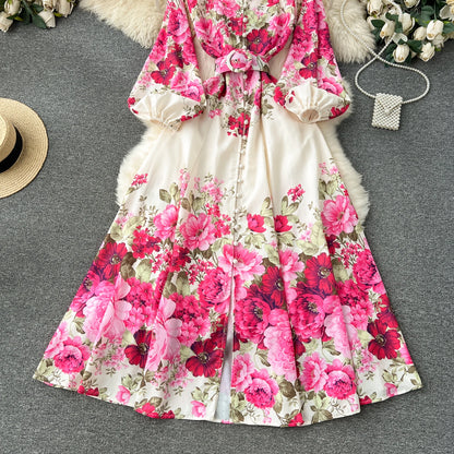 Elegant Gorgeous Floral Bohemian Dress Spring Women Stand Long Lantern Sleeve Floral Print Belt Linen Long Vestidos Clothes 6235
