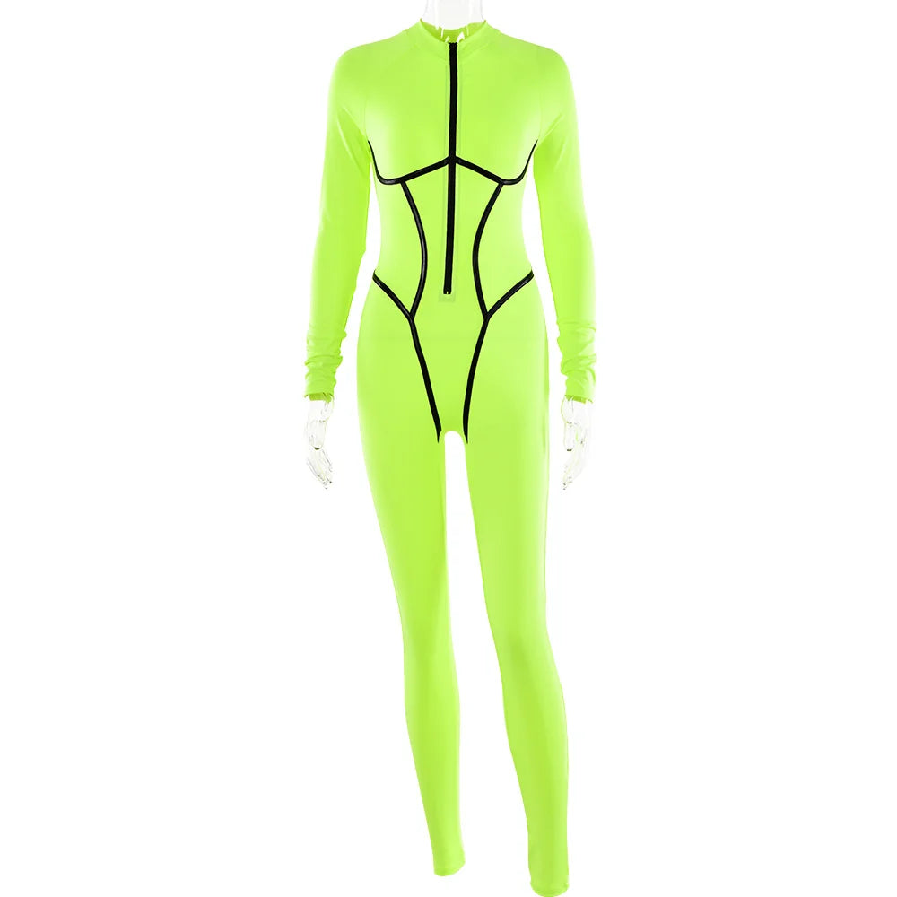 Articat Sexy Zipper Women Jumpsuit Long Sleeve Bandage Tights Solid Jumpsuits Female Party Bodycon Stretch Sporty & Leisure - AMULET RING STORE