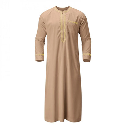 Traditional Muslim Clothing Men's Muslim Shirt robe embroidery Islamic Royalty Dubai Robe O-Neck Long Sleeve Retro Loose Abaya - AMULET RING STORE