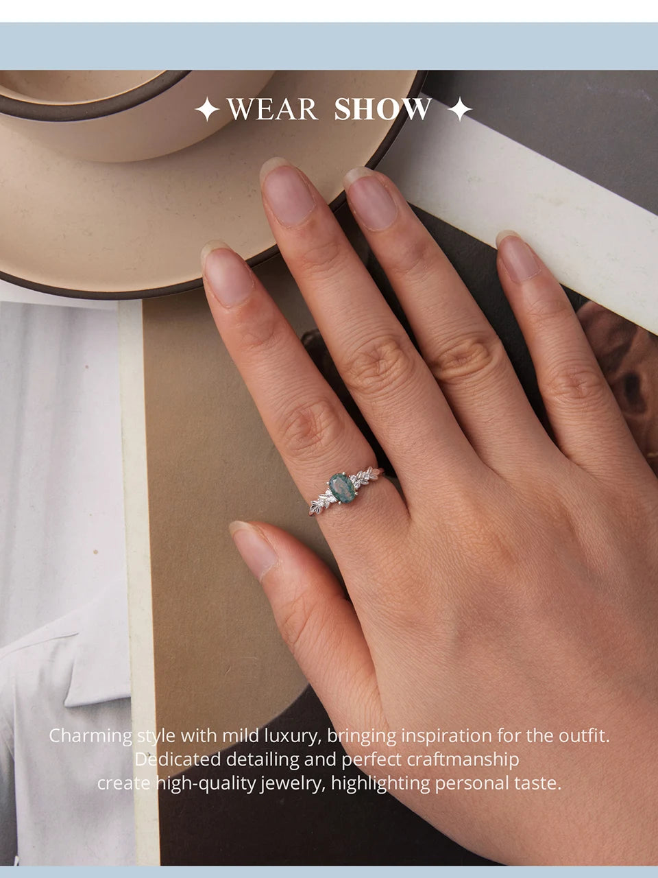 WOSTU Natural Moss Agate Ring For Women  925 Sterling Silver Oval Cut Sea Grass Agate Flower Rings Wedding Party Jewelry Gift