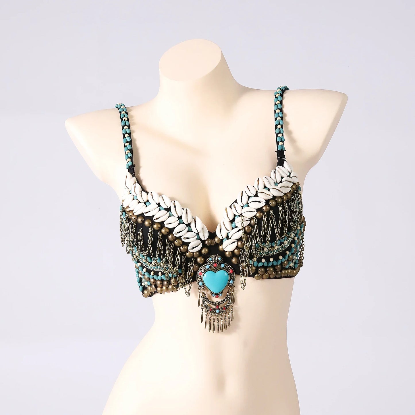 Vintage Gypsy Bra Tribal Belly Dance Push Up Bra Wooden Beads Top with Swags and Turquoise Medallion