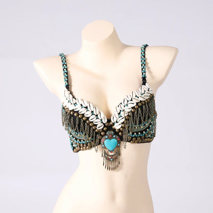 Vintage Gypsy Bra Tribal Belly Dance Push Up Bra Wooden Beads Top with Swags and Turquoise Medallion