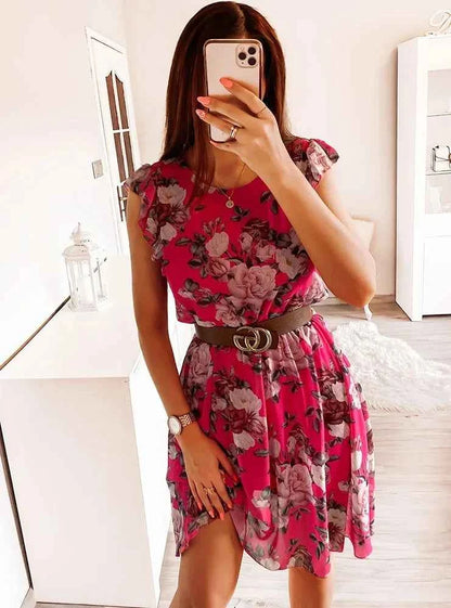 Summer Fashion Floral Printed Long Dress Ladies Sleeveless Elastic Waist Beach Dress 2025 Women V-Neck Pleated Chiffon Cover-Ups