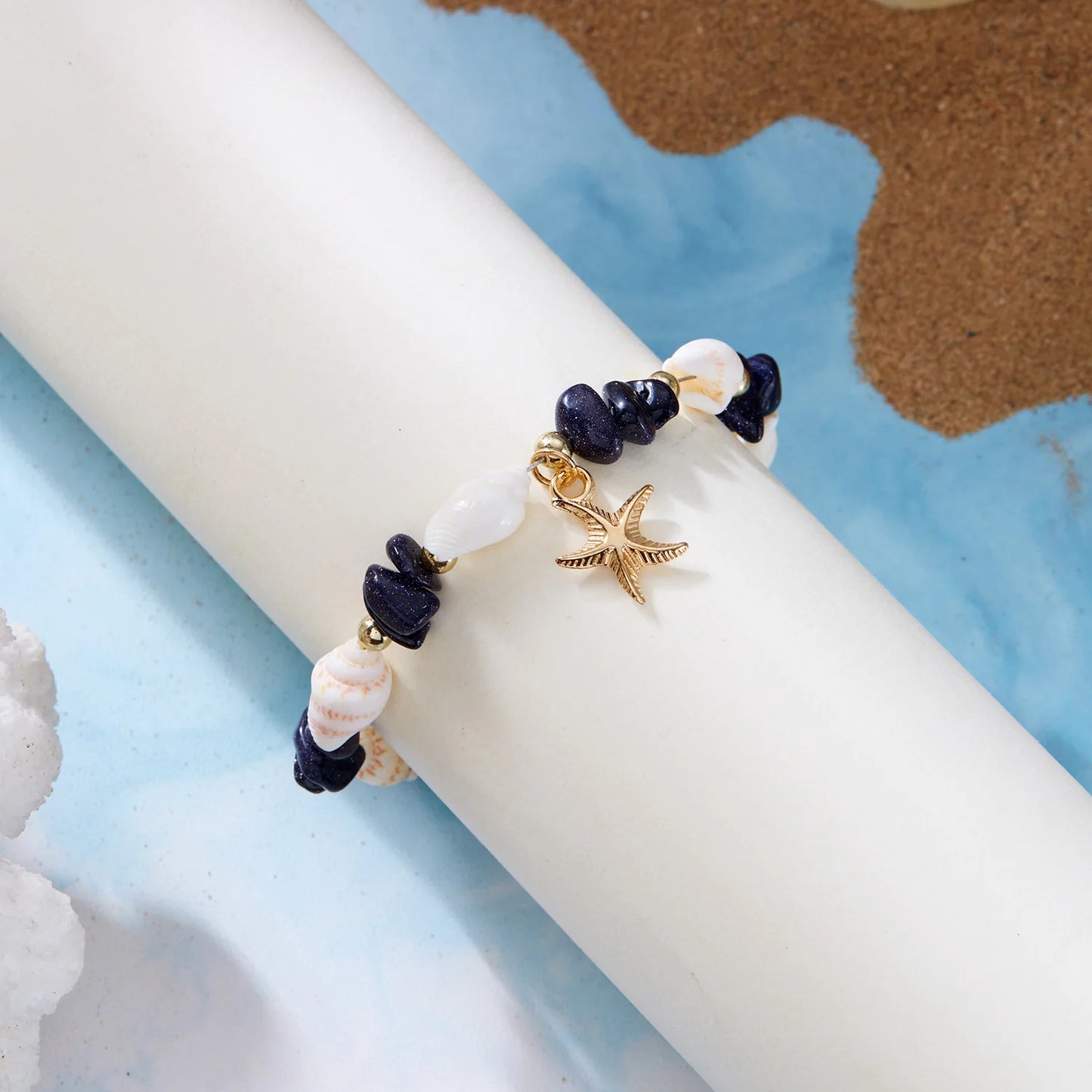 Bohemian Starfish Pendant Bracelet for Women Handmade Crushed Stone Beaded Bracelet Summer Beach Jewelry Travel Accessory Gift