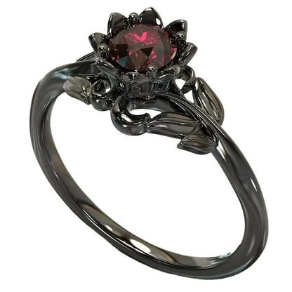Black Color Flower Red Stone Rings for Women Charm Jewelry Accessories Rose Ring Party Gift