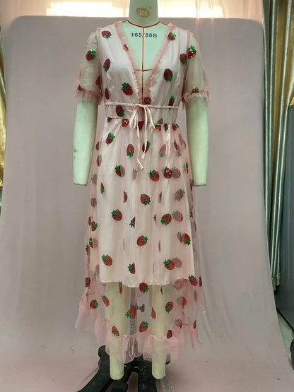 French Style Strawberry Two-tone V-neck Long Dress Sequins Ruffles Fashionable Net Yarn Sleeveless Robe