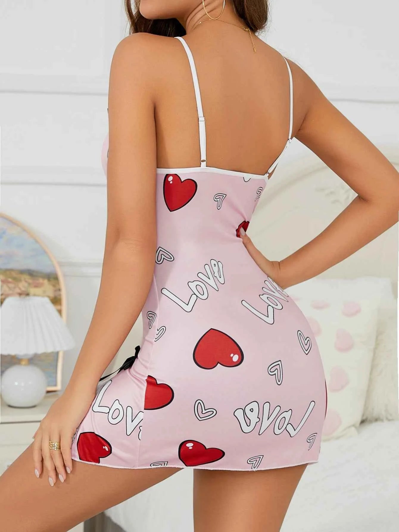 Heart Letter Floral Slip Nightdress Lace Trim Deep V Side Split Sleep Dress Soft Breathable Fabric For Women Night Gown