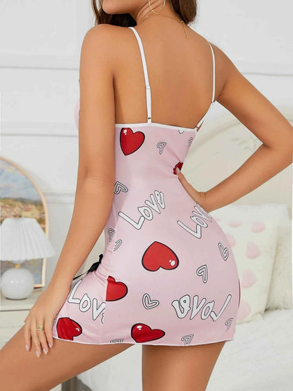 Heart Letter Floral Slip Nightdress Lace Trim Deep V Side Split Sleep Dress Soft Breathable Fabric For Women Night Gown