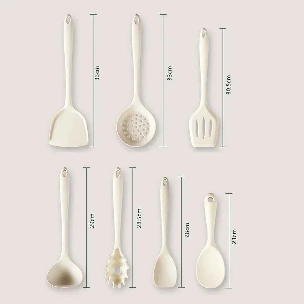 7Pcs Beige White Silicone Kitchenware Cooking Utensils Heat-resistant Spatula Turner Pasta Colander Shovel Kitchen Accessories
