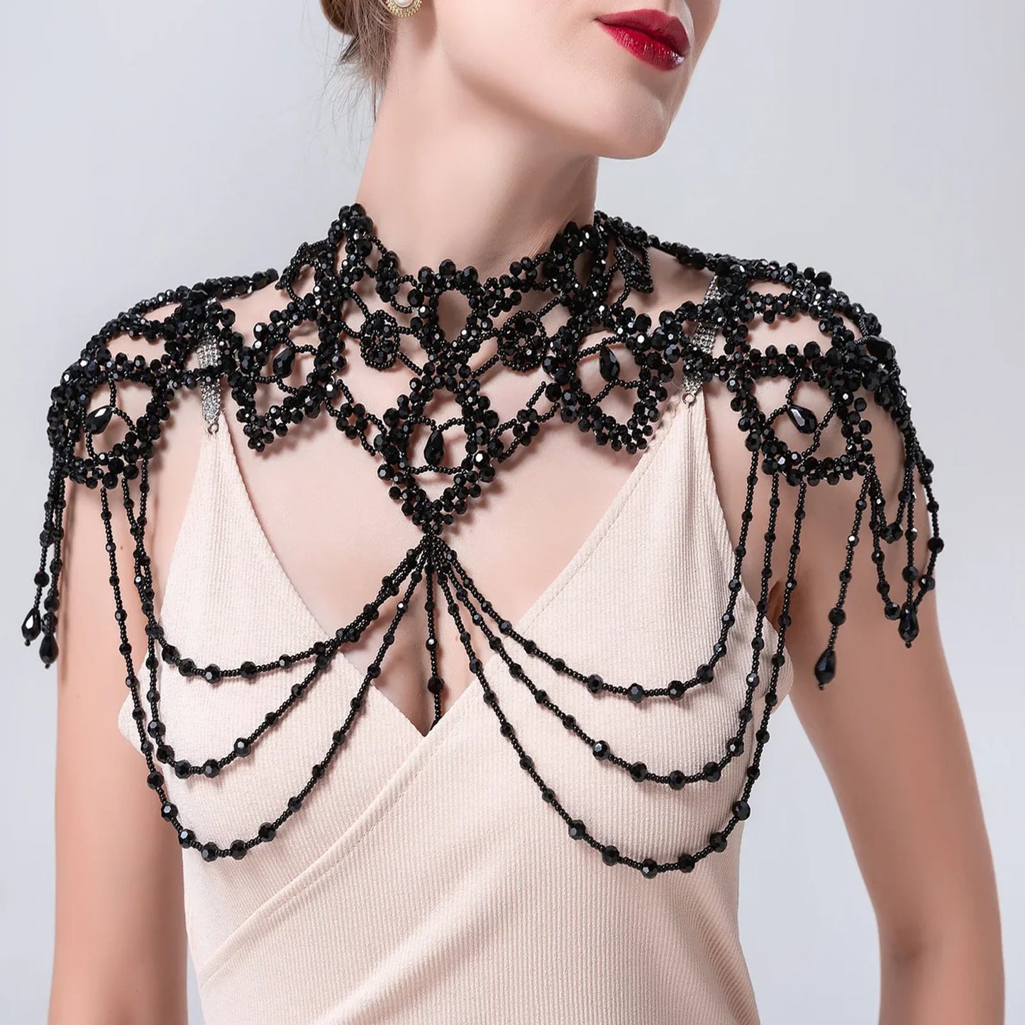 Bridal Bolero Black Crystal Necklace Beaded Bridal Covered Body Chain Women Accessories Off Shoulder Bolero Decoration VG09 - AMULET RING STORE