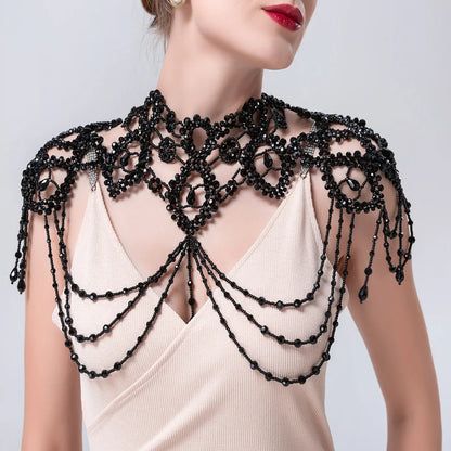 Bridal Bolero Black Crystal Necklace Beaded Bridal Covered Body Chain Women Accessories Off Shoulder Bolero Decoration VG09 - AMULET RING STORE