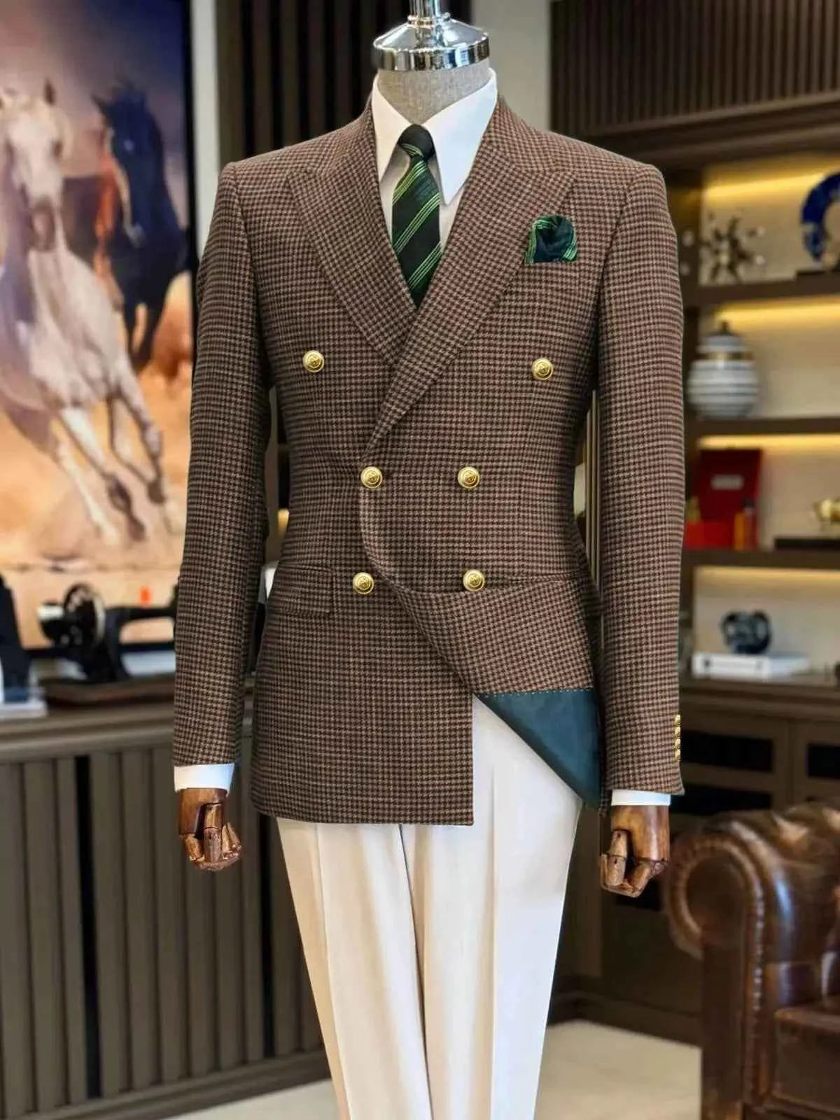 Men's Blazer Suit Navy Blue Houndstooth Peak Lapel Double Breasted Business Slim fit Grid Man Suits Jacket Formal Party Tuxedos