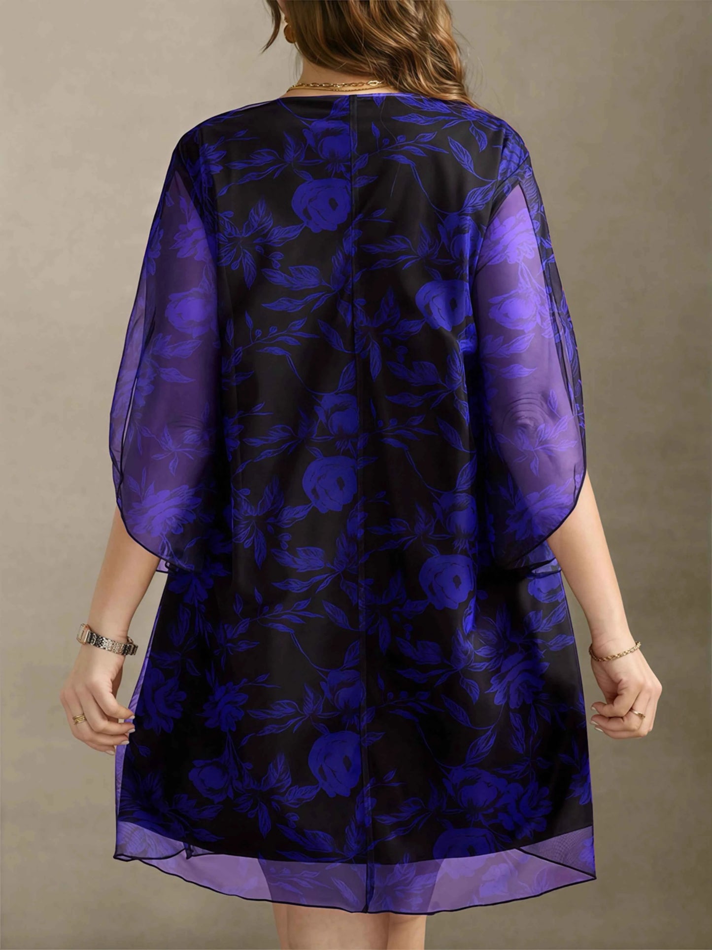 Boho Floral Print Maxi Dress - Layered Mesh V-Neck Plus Size Women's Dress