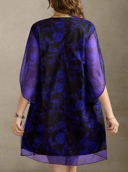 Boho Floral Print Maxi Dress - Layered Mesh V-Neck Plus Size Women's Dress