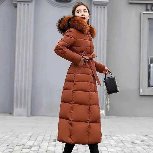 Women's Long Overknee Winter Cotton Padded Coat 2025 Off Season Sale Korean Style Slim Fit Faux Fur Collar Thickened Down Jacket