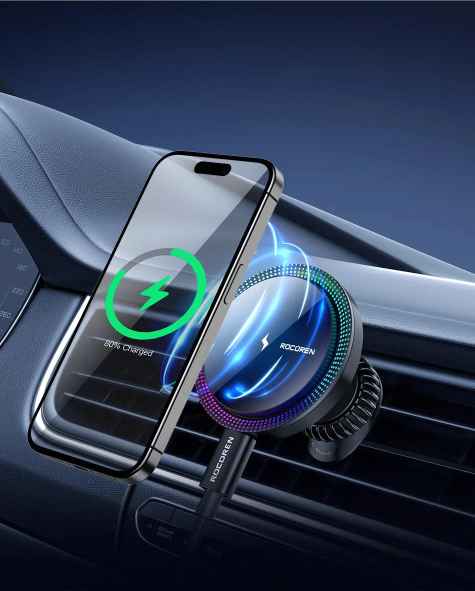 Rocoren Magnetic Car Phone Holder Fast Charging Wireless Charger With RGB light Magnet Car Stander For iPhone 15 14 13 Pro Max