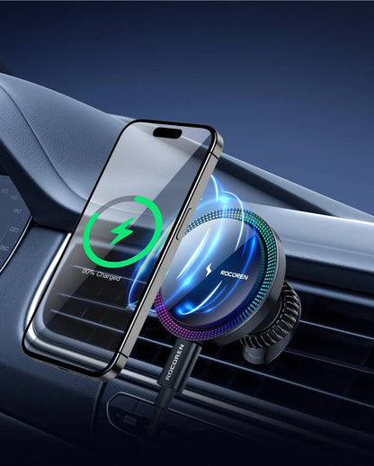 Rocoren Magnetic Car Phone Holder Fast Charging Wireless Charger With RGB light Magnet Car Stander For iPhone 15 14 13 Pro Max