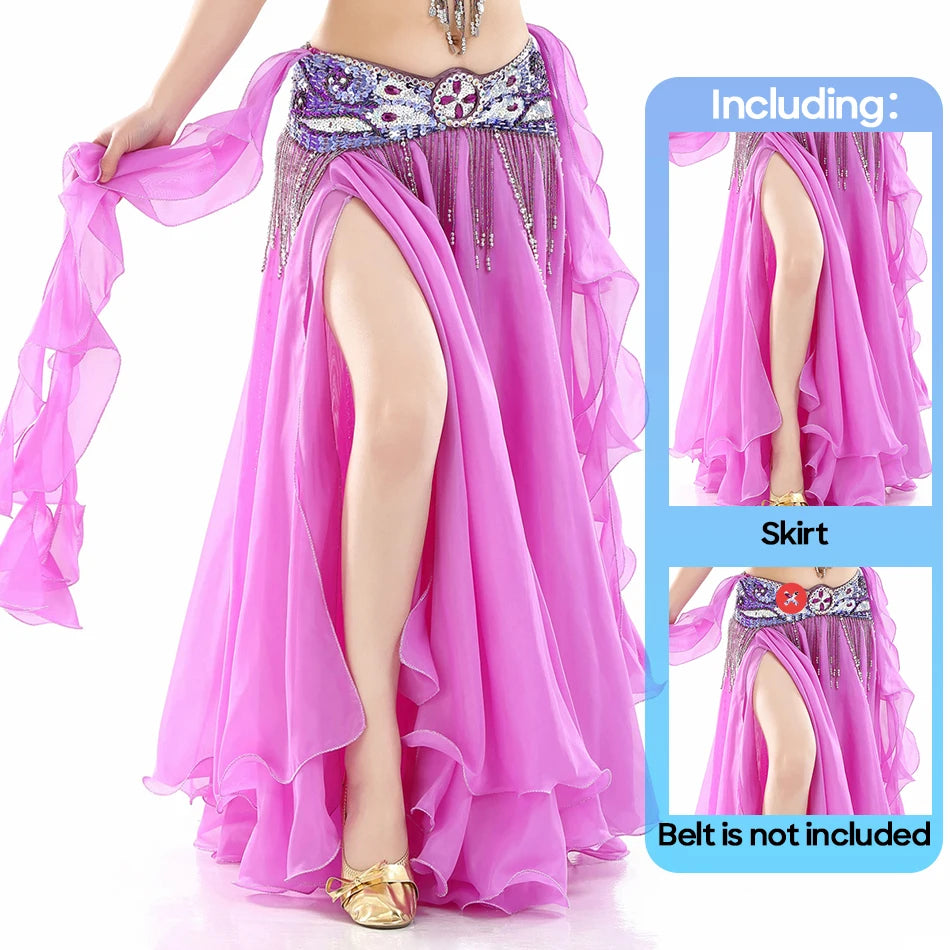 Belly Dance Skirt Chiffon Skirts Double Slit Ear Gauze Skirt High Slit Skirt For Adult Women Performance Practice Clothings