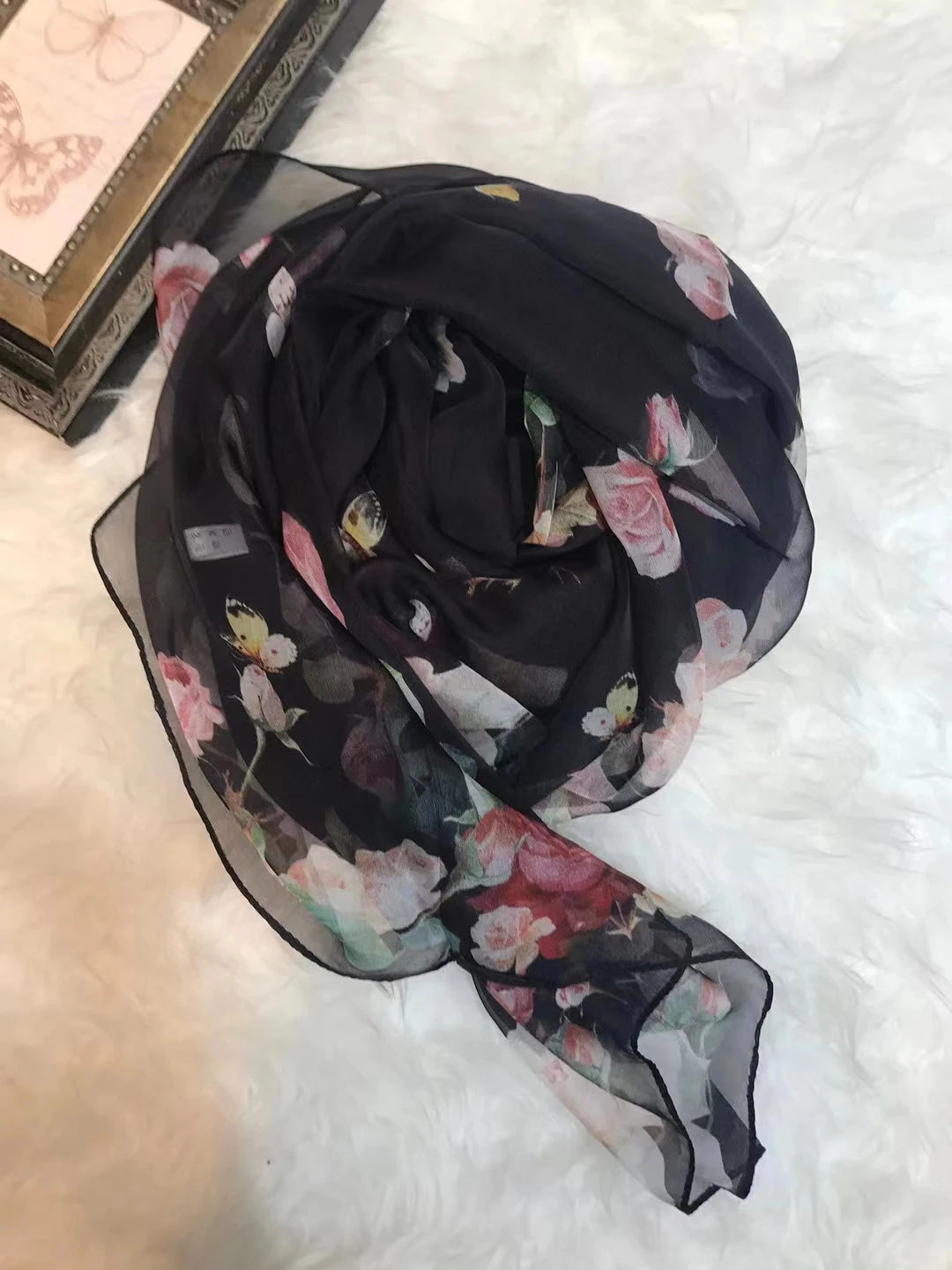 BYSIFA|New Black Pink Peony 100% Silk Shawl Scarf Women Chiffon Long Silk Scarves Cape Summer Foulard Winter Brand Scarves Wraps