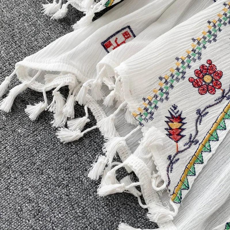 Summer Women's Shirt Bohemian Holiday Style Embroidered Tassel Chiffon Cardigan New Waist Female Slim Short Tops - AMULET RING STORE