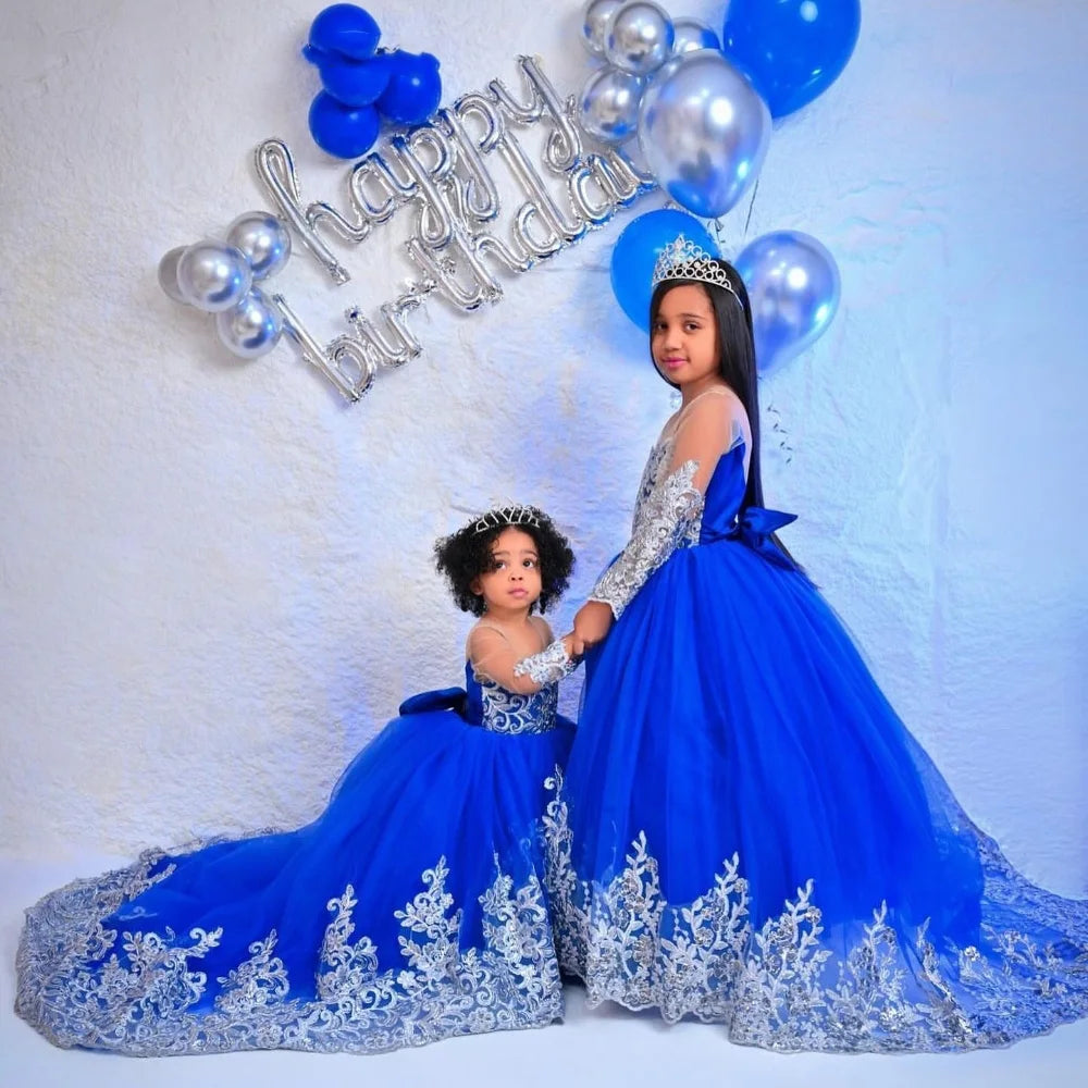 Customized Royal Blue Princess Flower Girl Dress for Wedding Lace Appliques Full Sleeve Baby Birthday Dress First Communion Gown