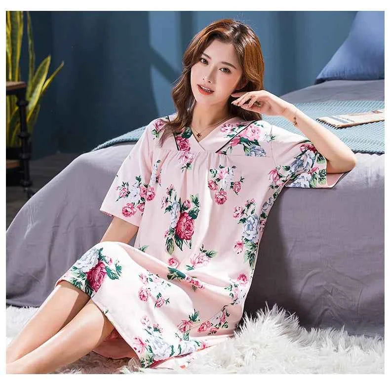 2025 Summer Small Floral Night Dress Women Nightgown Big Yards 3XL Sleepshirts Short-sleeves Nightie Nightdress Cotton Sleepwear
